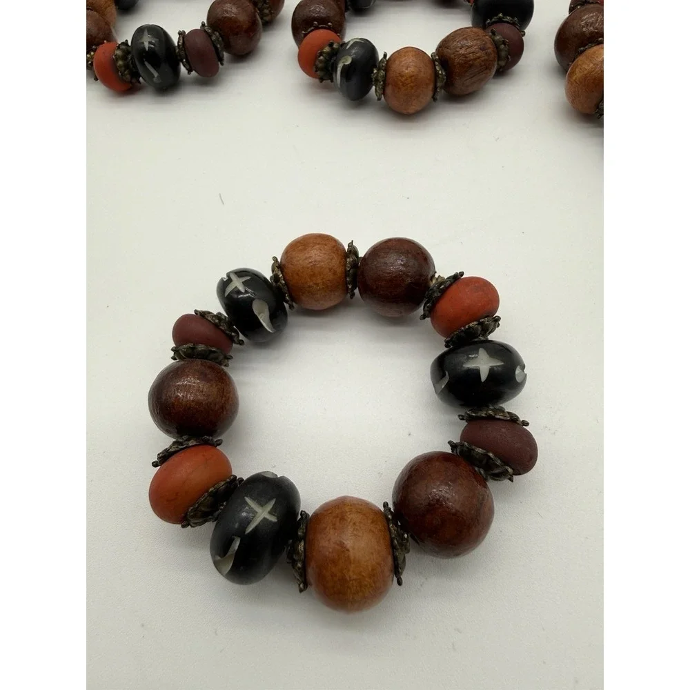 Set of 6 Napkin Rings Wood Metal and Plastic Beads African Style 2.5